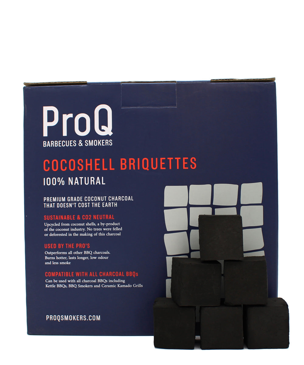 ProQ Coconut Shell Briquettes 10kg. Natural Coconut charcoal 4cm cube briquette for longer burning & use for BBQ or grilling.